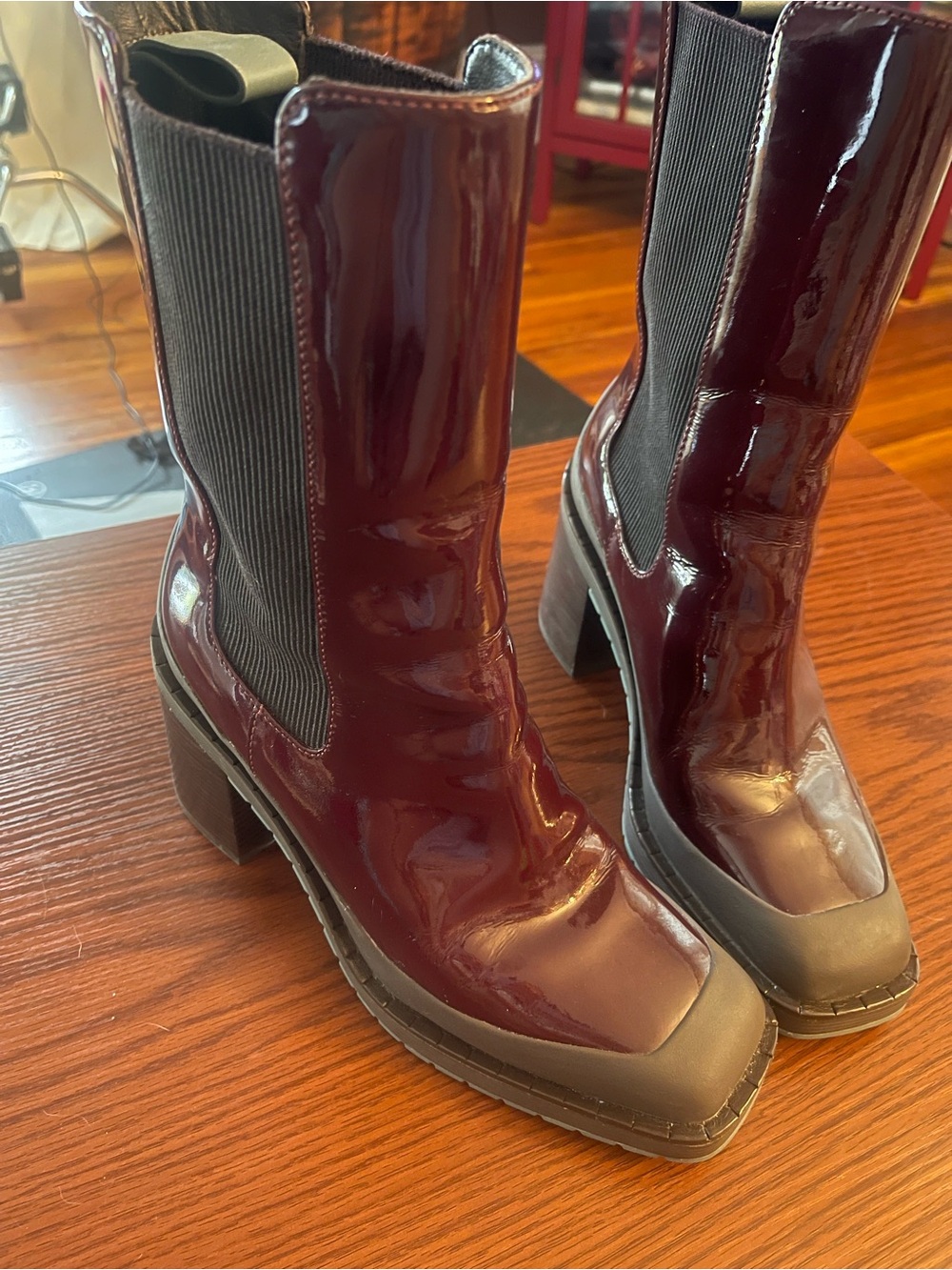 Tory Burch Burgundy Patent Leather Chunky Chelsea Boots